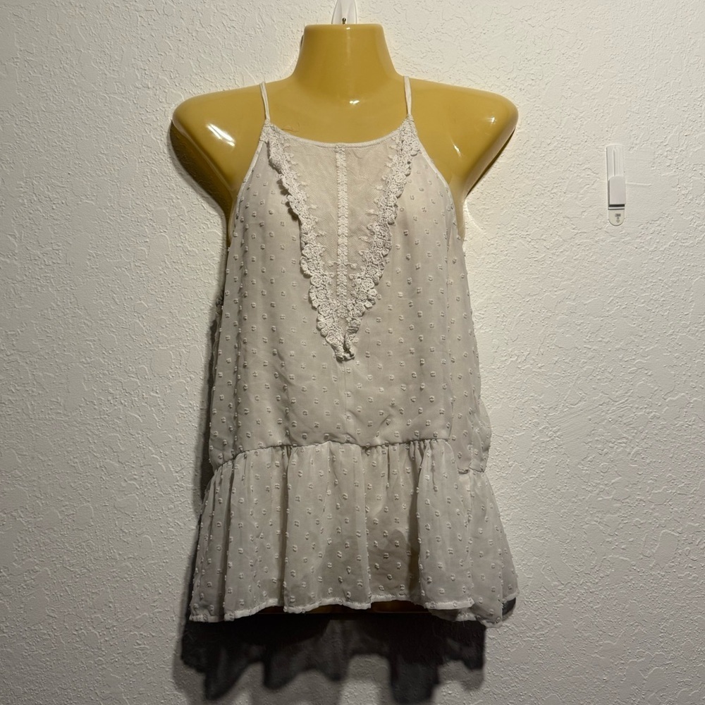Ayla White Halter Blouse Polka Dot Sheer Chiffon Tulle Ruffle Swiss Size S
